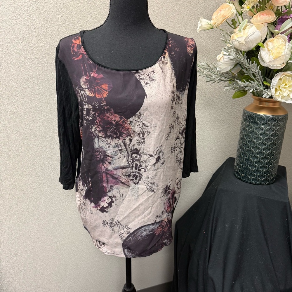 Jeans by Buffalo Floral Tunic Top XL Black Sheer Long Sleeve Boho Chic - Picture 1 of 8